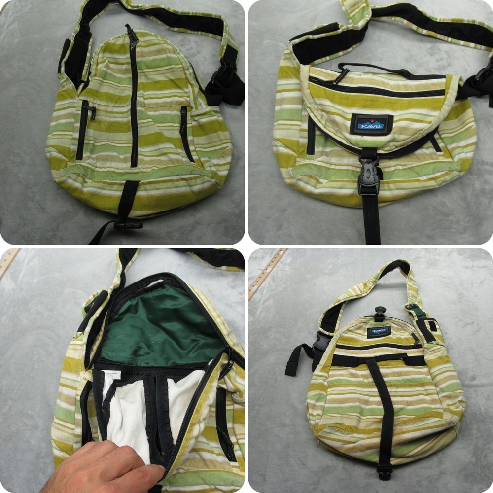 KAVU Sling Rope Bag Unisex Yellow Striped‎ Pockets Crossbody Backpack Shoulder
